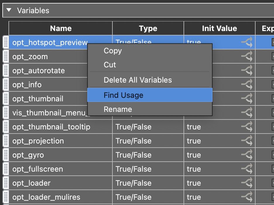 Variables list