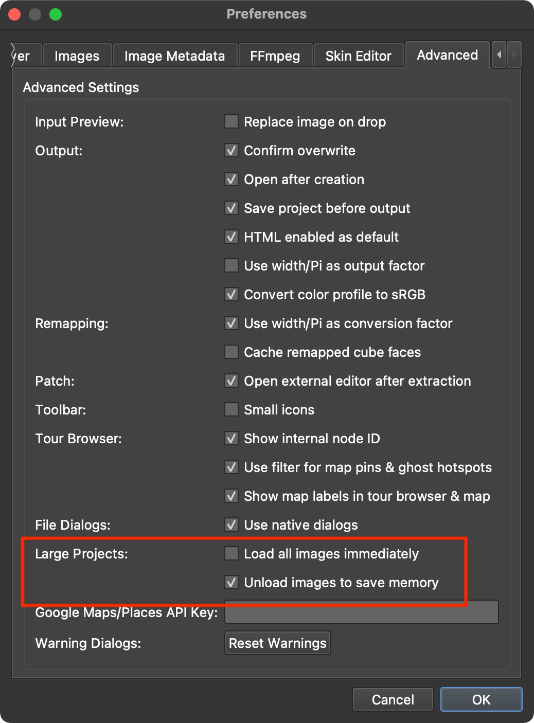 Settings for Large Projects