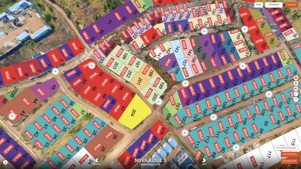 Appolonia City Virtual Tour by Dobiison VR. An areal view of the area using polygon hotspots to show plots of land for development.