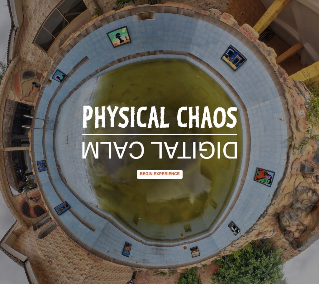 Screenshot of the opening view of Dobiison VR's virtual museum tour and virtual art installation called Physical Chaos Digital Calm.
