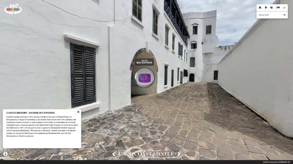 Screenshot of virtual tour from Dobbison VR's Cape Coast Castle tour. This visually shows the information popup and a node preview.